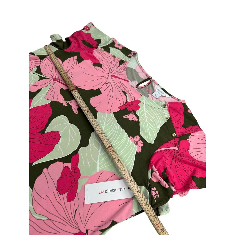 Liz Claiborne Womens XL Pink & Green Floral Print Top Short Sleeves Keyhole Back - Picture 10 of 11